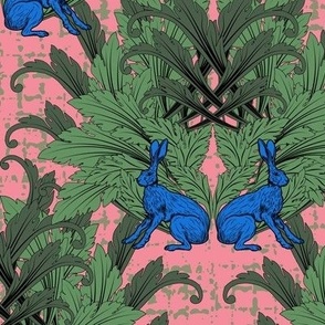 Eccentric William Morris Style Block Print, Kitsch Morris Green Botanical with Pink Blue Rabbits, Colorful Wild Hare Design on Pink