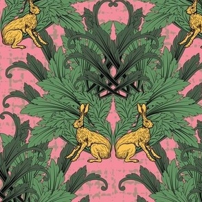 Eccentric Arts and Crafts Whimsical Wonderland, Dark Green Vintage Damask, Bright Orange Yellow Pink Victorian Animal Block Print, Damask Style on Pink