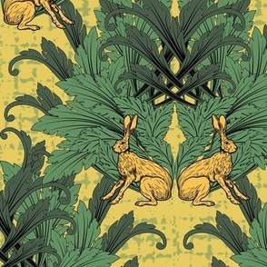 Humorous Vintage Decor, Dark Green Retro Vintage Arts and Crafts Style, Unusual Whimsical Wild Yellow Rabbits Decor, Quirky Sitting Hare in Vintage Wonderland