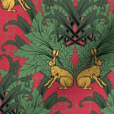 Psychedelic Art Craft Colorful Wild Hare Rabbit Design, Colorful Gothic Dark Green Art Deco Leaves Fan on Festive Crimson Red