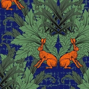Quirky Vibrant Orange Royal Blue Talking Point Animal Pattern, Unusual Arts and Crafts Bohemian Orange Rabbit Home Decor