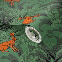 Historical Style Arts and Crafts Sitting Hare, Bizarre Animal Pattern In Flame Orange Dark Forest Green, Fun Kitsch Gothic Victorian Rabbit Illustration on Dark Green Texture Background