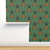 Historical Style Arts and Crafts Sitting Hare, Bizarre Animal Pattern In Flame Orange Dark Forest Green, Fun Kitsch Gothic Victorian Rabbit Illustration on Dark Green Texture Background