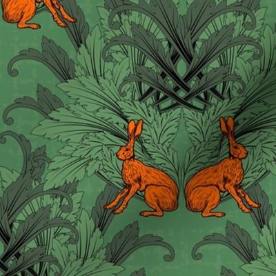 Historical Style Arts and Crafts Sitting Hare, Bizarre Animal Pattern In Flame Orange Dark Forest Green, Fun Kitsch Gothic Victorian Rabbit Illustration on Dark Green Texture Background