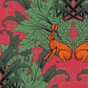 Retro Kitsch Hot Pink Animal Print, Flame Orange Kitsch Rabbit Hare Pattern, Acanthus Leaf Scallop Fan, Modern Arts and Craft Style