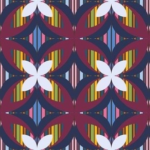 407 - Small scale white, navy blue and maroon frangipani on colourful vertical stripes - for large scale home decor, wallpaper, modern duvet cover and curtains 