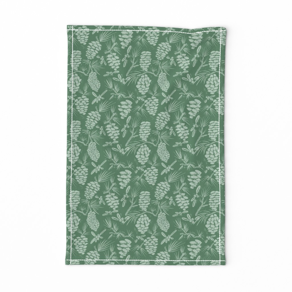 Woodland pine cone blockprint in  sage green and forrest green