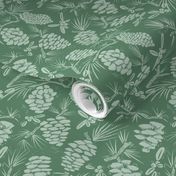 Woodland pine cone blockprint in  sage green and forrest green