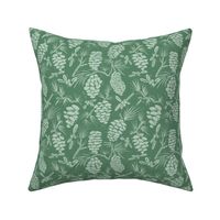 Woodland pine cone blockprint in  sage green and forrest green