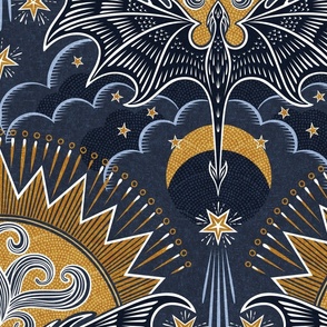 Dragon in the Sky- Blockprint Magical Night Sky- Flying Dragons- Sun- Moon- Stars- Navy Blue- Golden Yellow Large