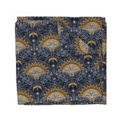 Dragon in the Sky- Block Print Magical Night Sky- Flying Dragons- Sun- Moon- Stars- Navy Blue- Golden Yellow- Small