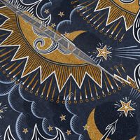 Dragon in the Sky- Block Print Magical Night Sky- Flying Dragons- Sun- Moon- Stars- Navy Blue- Golden Yellow- Small