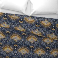 Dragon in the Sky- Block Print Magical Night Sky- Flying Dragons- Sun- Moon- Stars- Navy Blue- Golden Yellow- Small