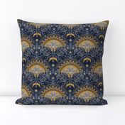 Dragon in the Sky- Block Print Magical Night Sky- Flying Dragons- Sun- Moon- Stars- Navy Blue- Golden Yellow- sMini