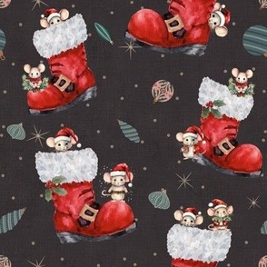 Christmas Mice  black  vintage  Christmas holiday mice in santa boot festive mice merry mice winter mice mischievous mice Christmas mouse holiday