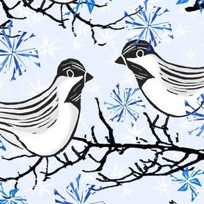 Large Chickadees in the Snow on Pale Cornflower