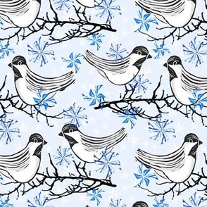 Medium Chickadees in the Snow on Pale Cornflower Blue