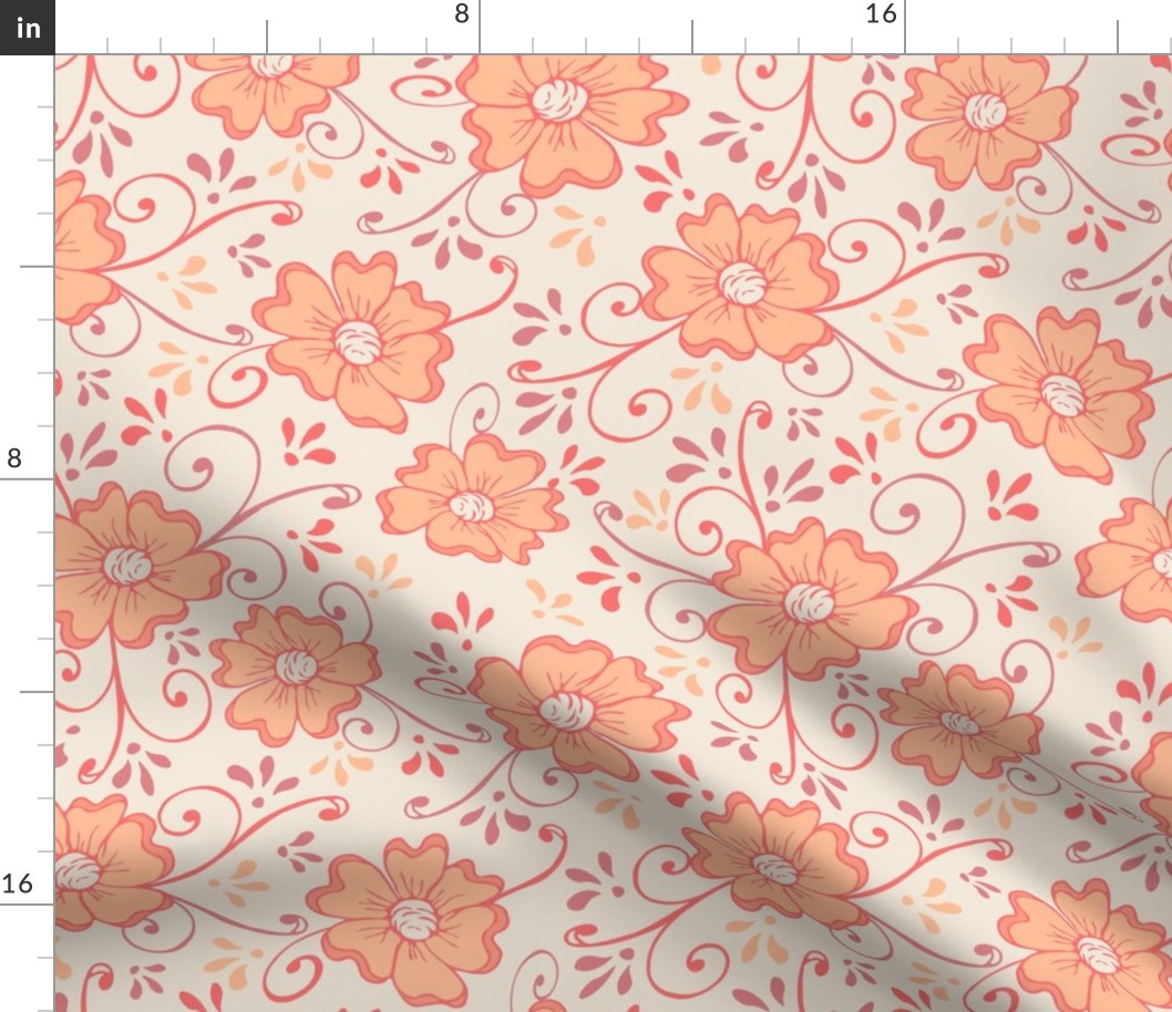 Large Sketched Flowers and Swirls in shades of Peach