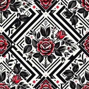 Black and White Tiles with Red Roses