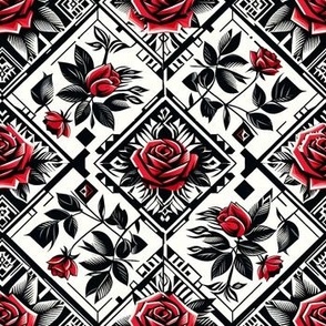 Red Roses on Black and White Tiles