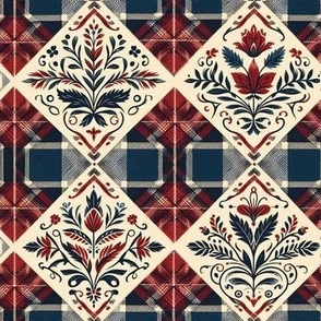 Flowers on Plaid in Blue Tan and Red Tapestry No. 2