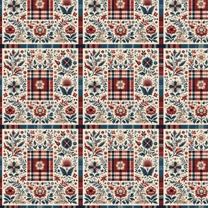 Flowers on Plaid in Blue Tan and Red Tapestry
