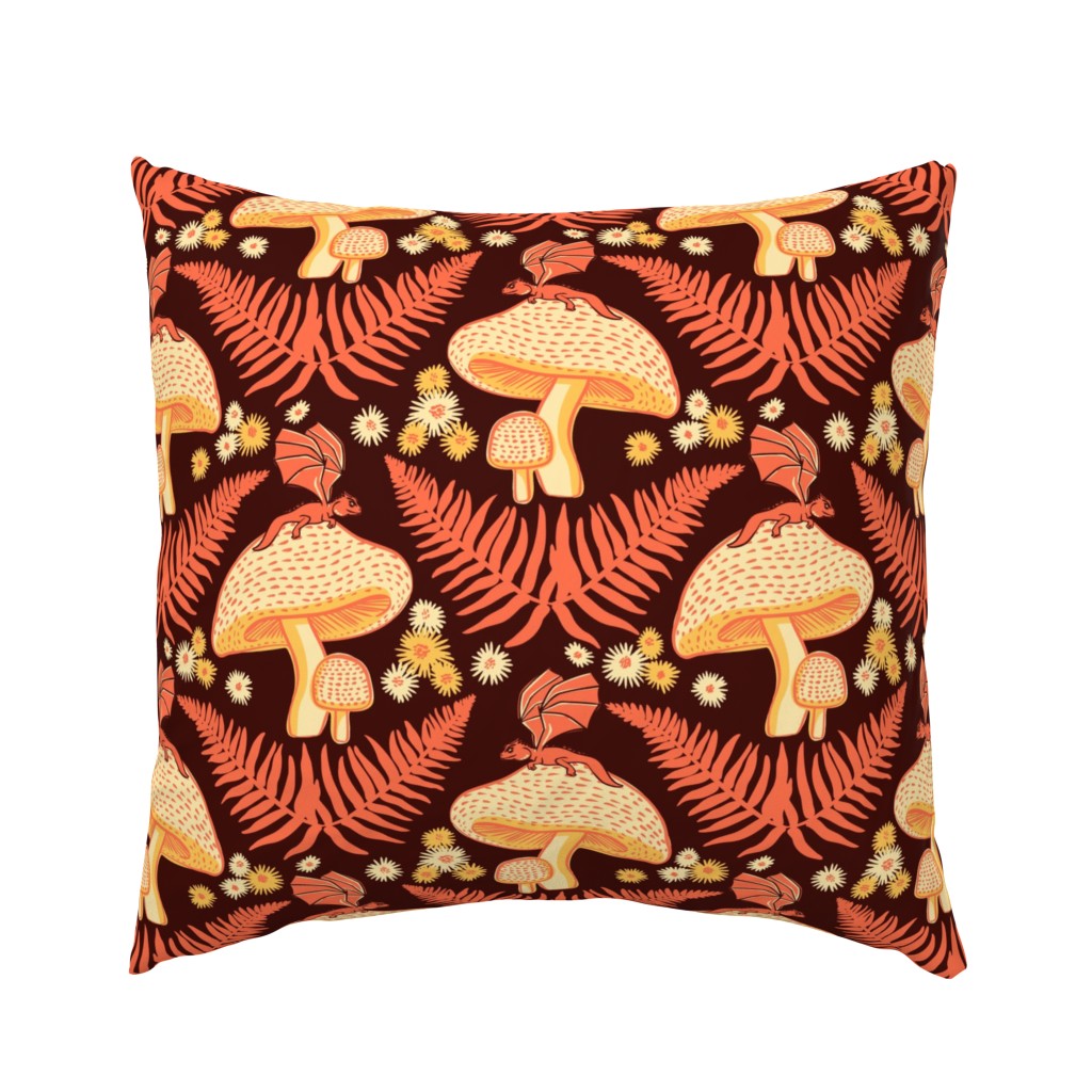 Large Moody Woodland Dragons Sitting on Mushrooms - Papaya Orange and Chocolate Brown