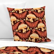 Large Moody Woodland Dragons Sitting on Mushrooms - Papaya Orange and Chocolate Brown