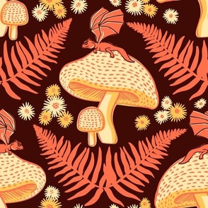 Large Moody Woodland Dragons Sitting on Mushrooms - Papaya Orange and Chocolate Brown