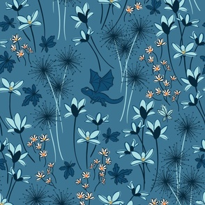 Large Whimsical Woodland Dragons Flying Among Flowers - Dusty Cornflower Blue,  Royal Blue