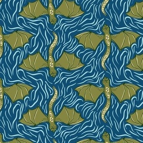 Flying Dragons - Royal Blue and Earthy Olive Green