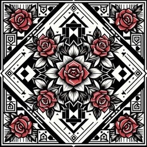 Red Roses on Black and White Southest Tiles