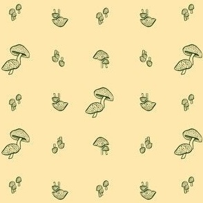 Small Magical Woodland Mushrooms - Deep Forest Green linework on Ecru Flax Pastel Yellow