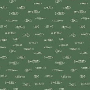 MICRO - Simple fish drawings arranged in a horizontal procession - beige on moss green