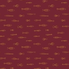 MICRO - Simple fish drawings arranged in a horizontal procession - ocher on burgundy red