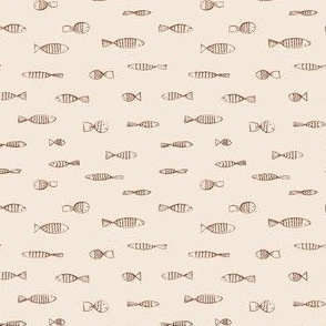 MICRO - Simple fish drawings arranged in a horizontal procession - chestnut brown on neutral beige