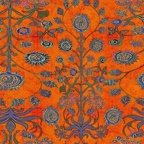 Orange Dawn Asian Sari Block Print with Turquoise Flowers