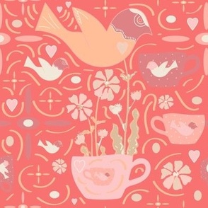 Busy Birds, Tea Cups And Flowers Surreal Folk Art Whimsy.
