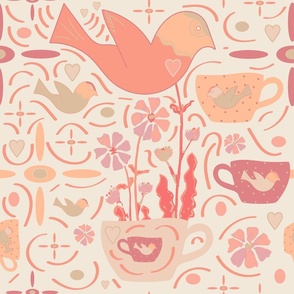 Busy Birds And Teacups And Flowers - Pantone Peach Fuzz - Surreal Folk Art Whimsy.