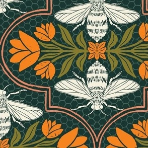 L - Honey Bees and Flowers - Beige, Orange, Green, Peach