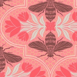 L - Honey Bees and Flowers - Brown, Pink, Tan