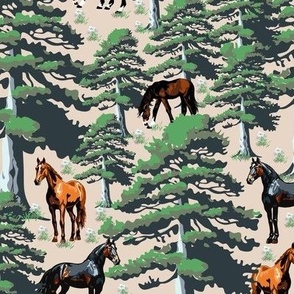 Horse Riding Ponies Grazing Paddock, Equestrian Farm Horses Pine Tree Forest Scene, Vintage Style Black Brown Chestnut Wild Horse Landscape (Medium Scale)