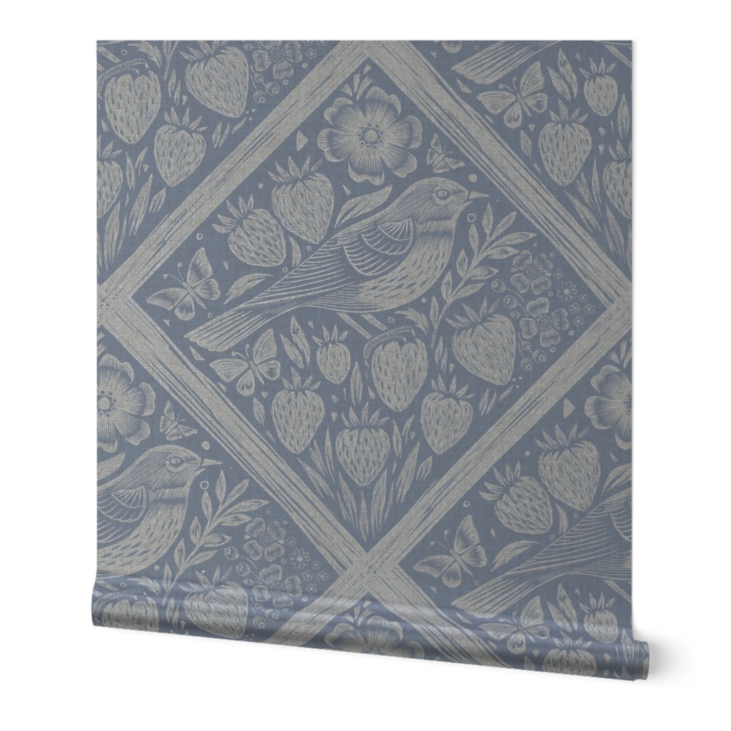 Linocut block print diamond tile botanical bird butterfly and strawberries blue linen texture