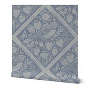 Linocut block print diamond tile botanical bird butterfly and strawberries blue linen texture