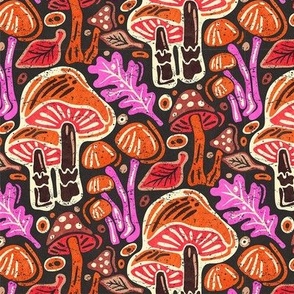 Block Printing, Linocut Forest with Mushrooms / Orange Version / Medium Scale