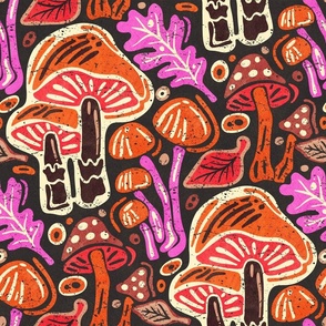 Block Printing, Linocut Forest with Mushrooms / Orange Version / Large Scale or Wallpaper