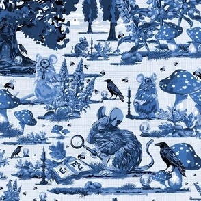 Woodland Mice Whimsical Woodland Animals Countryside Toile, Bumble Bees, Black Birds, Crystal Balls and Lupin Flowers, Fun Whimsical Mouse Tale and Friends Blue and White (Medium Scale)