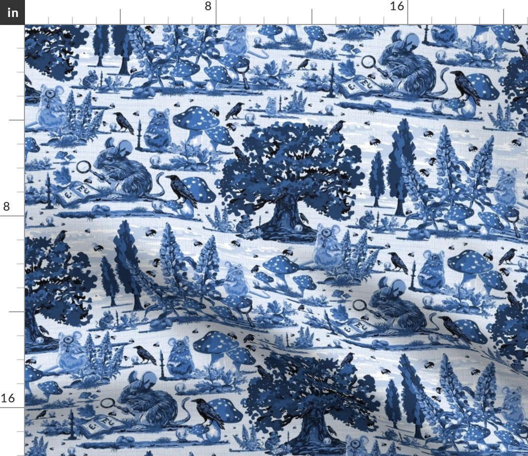 Woodland Mice Whimsical Woodland Animals Countryside Toile, Bumble Bees, Black Birds, Crystal Balls and Lupin Flowers, Fun Whimsical Mouse Tale and Friends Blue and White (Medium Scale)