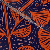 Linocut_ginkgo-orange_navy