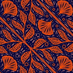 Linocut_ginkgo-orange_navy